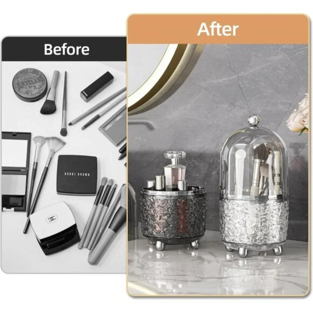 New 360° Rotating Makeup Brush Holder with Lid, Dustproof Organizer in Clear